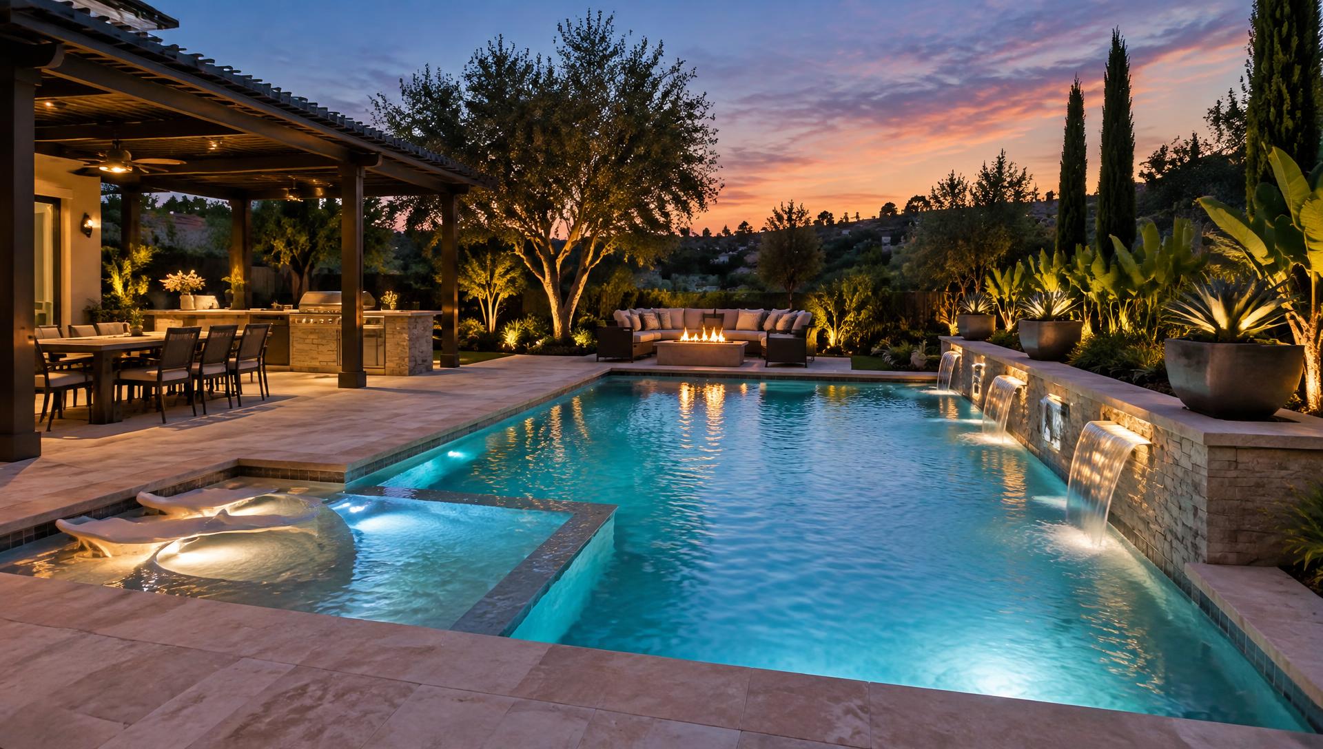 Backyard pool remodel at dusk